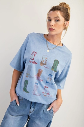 Breathable mesh lining FrayResistant Fabric Washed Blue Cowboy Boots Graphic Tee