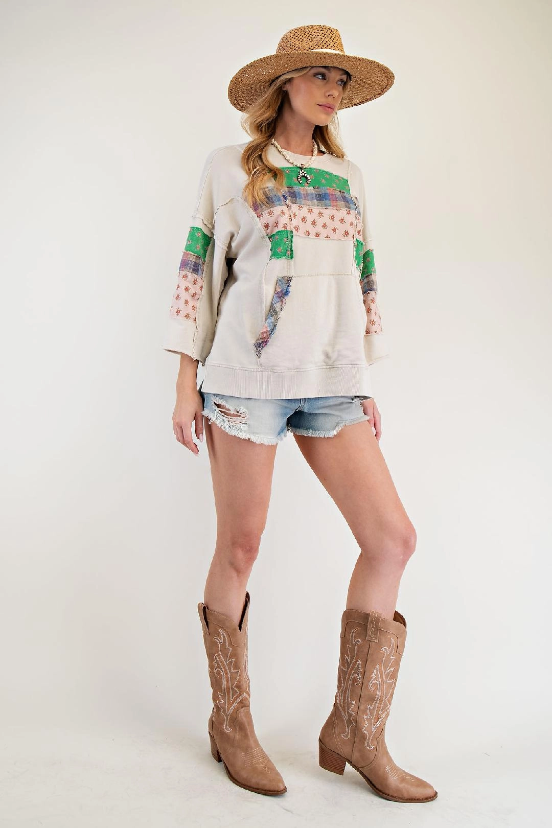 Ribbed Collar Style Rustic Roads Patchwork Knit Pullover