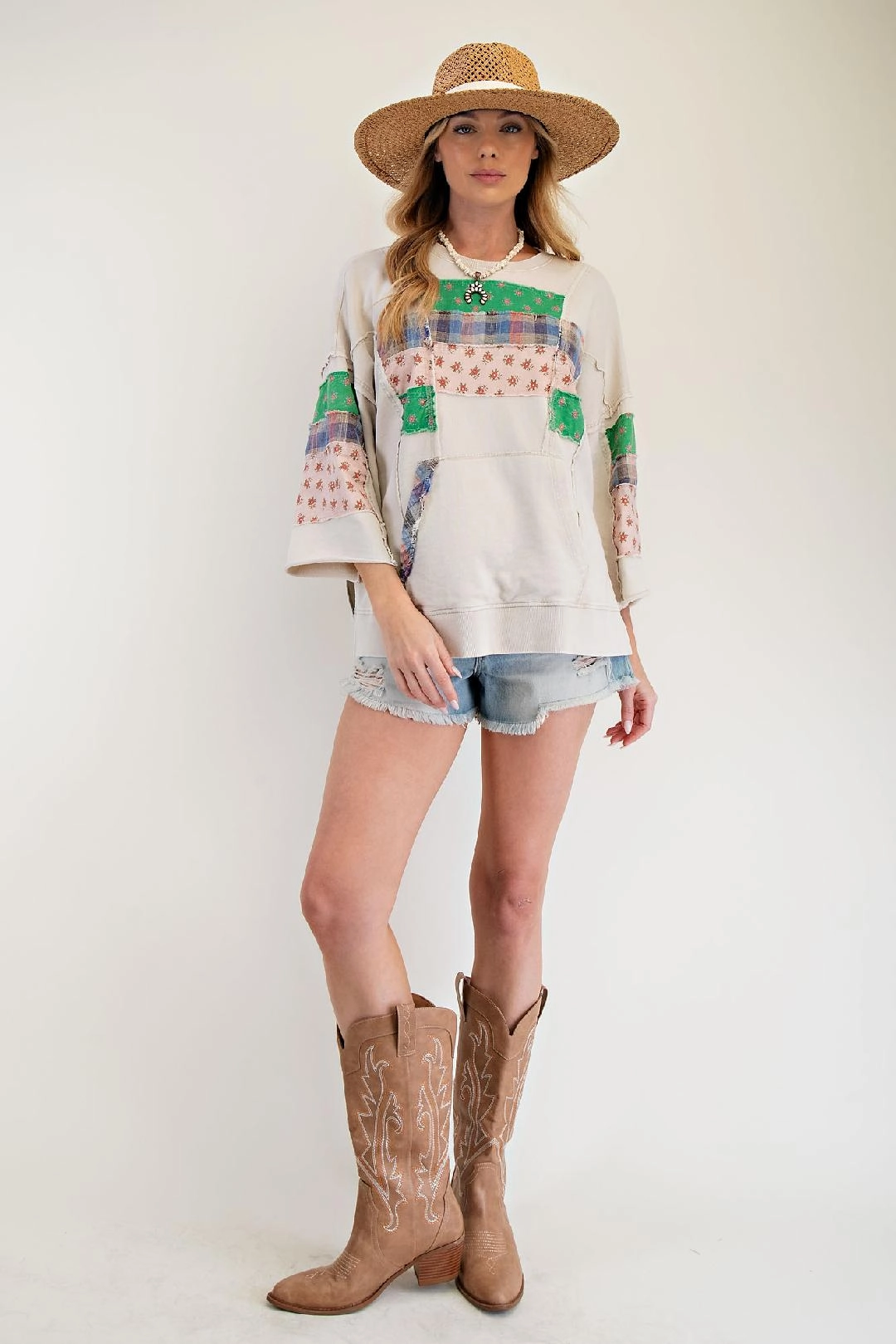 Ultraviolet Protection Finish Rustic Roads Patchwork Knit Pullover