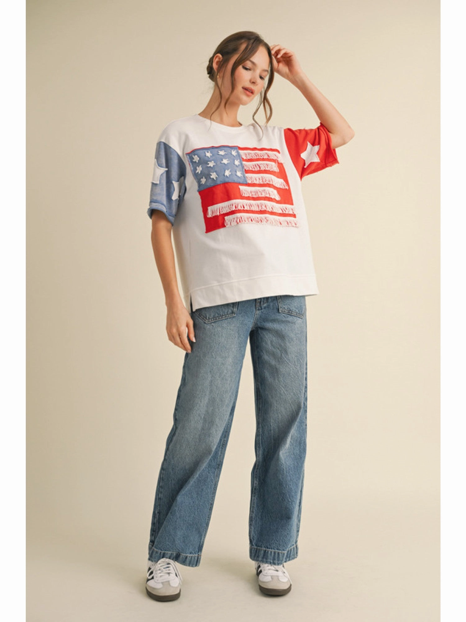 Light Fabric Durable Overlock Stitch Color Block  Fringe American Flag Top