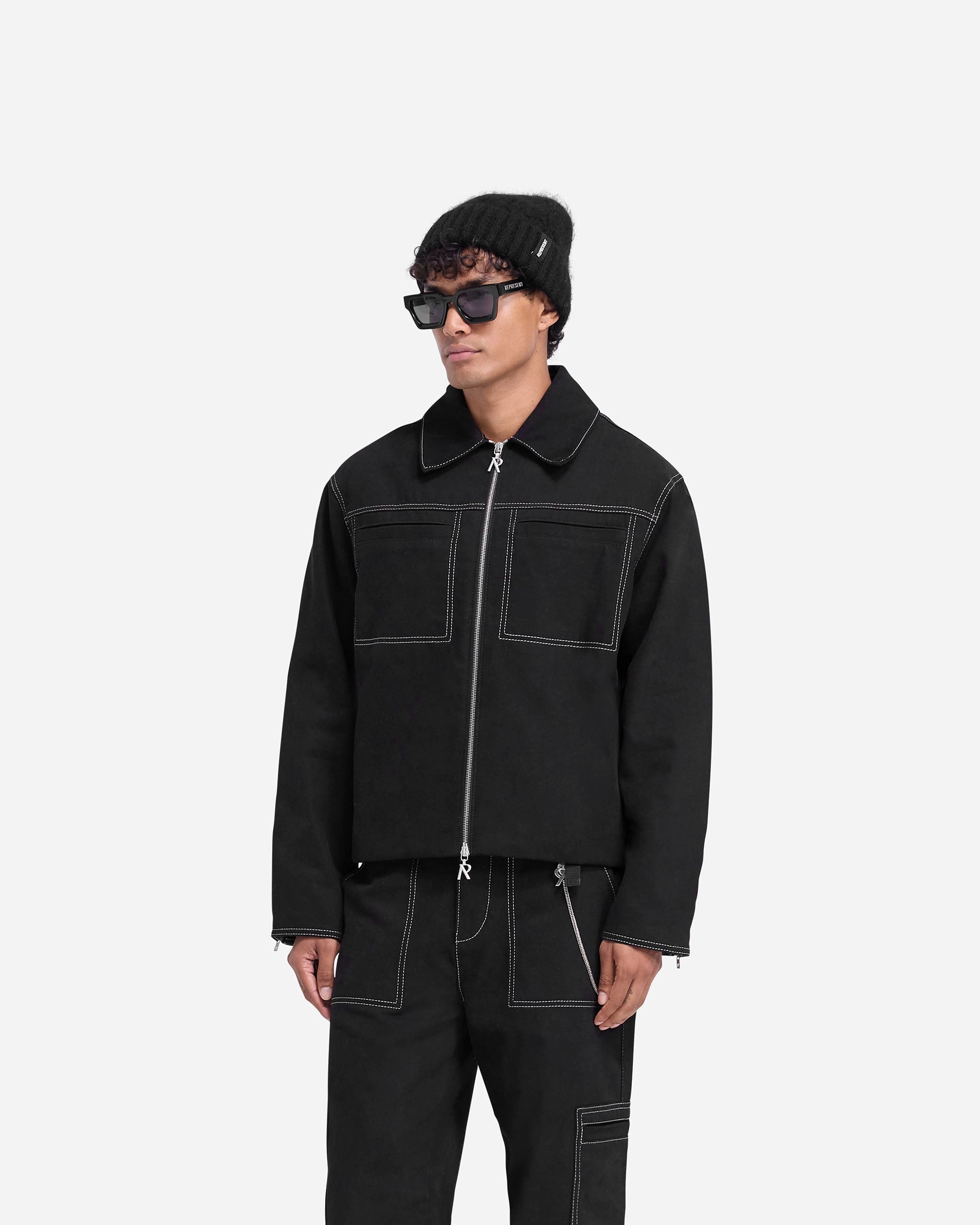 Contrast Stitch Smart Jacket - Jet Black Functional Zip Detail Thermal Lining