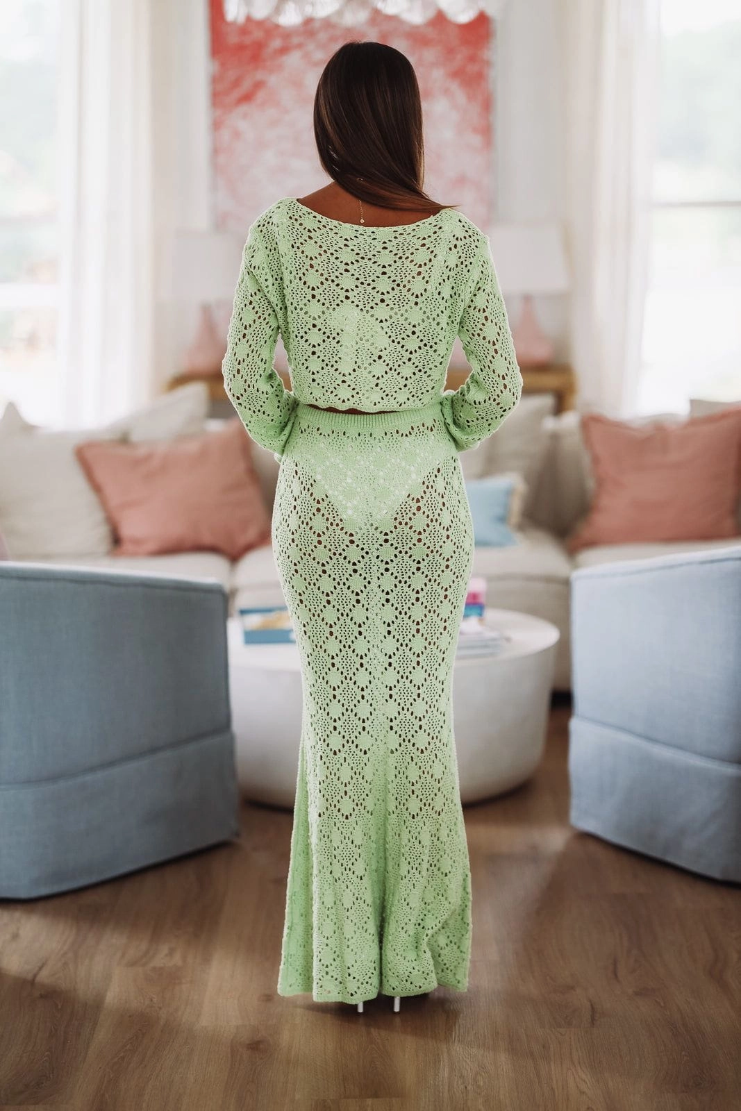 YarnBlend Tailored Placket Ideal Day Off Crop Top - Light Green