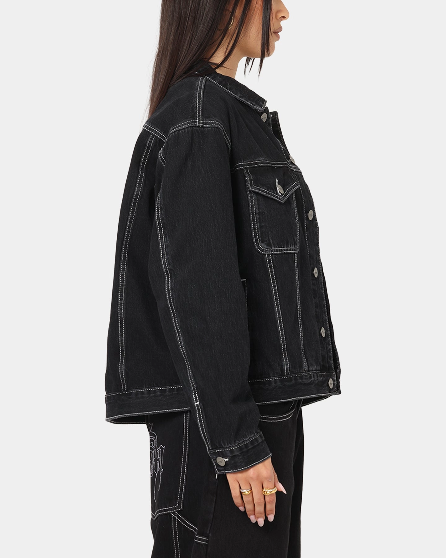 Saint Morta Fray Trucker Denim Jacket Contrast Black ElasticizedWaistbandSystem Thick Fabric