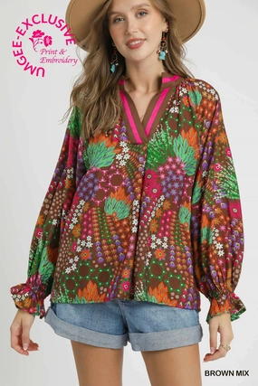Brown Mix Floral Print V-Neck Top LayeredCollar