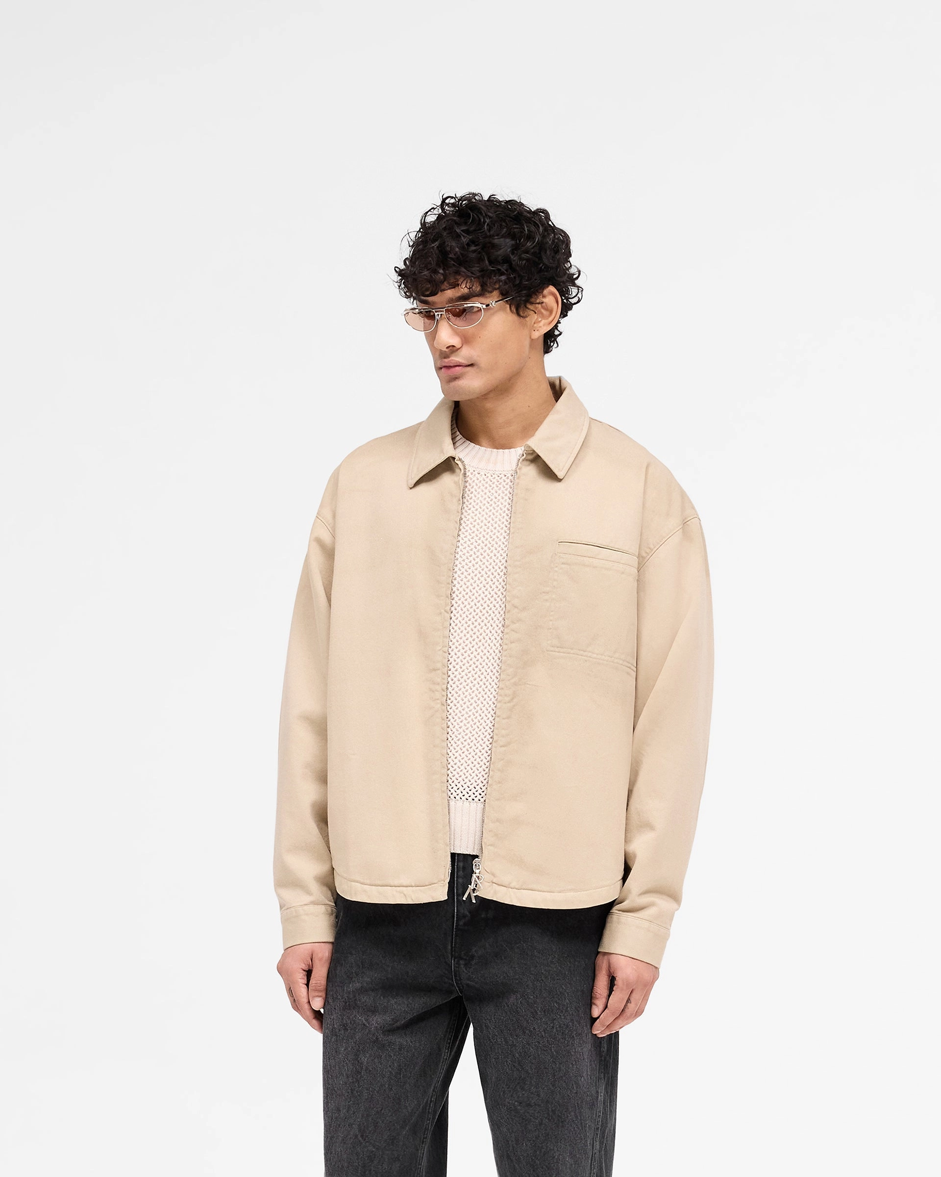 Cotton Zip Through Shirt - Beige High-Quality Material Non Iron Material