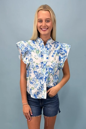 Cozumel Cutie Floral Ruffle Top Rolled Hem Finish StretchableKnit