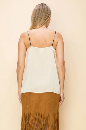 Cream Camisole w/ Chevron Studs Oversized Collar AdjustableDrawstring