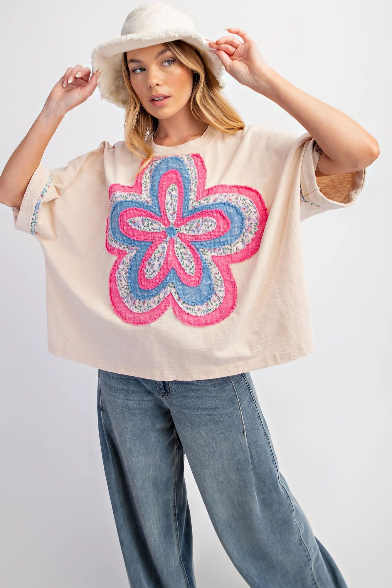 Cream Washed Cotton Top w/ Pink & Blue Flower Patch Circular Knit Technology