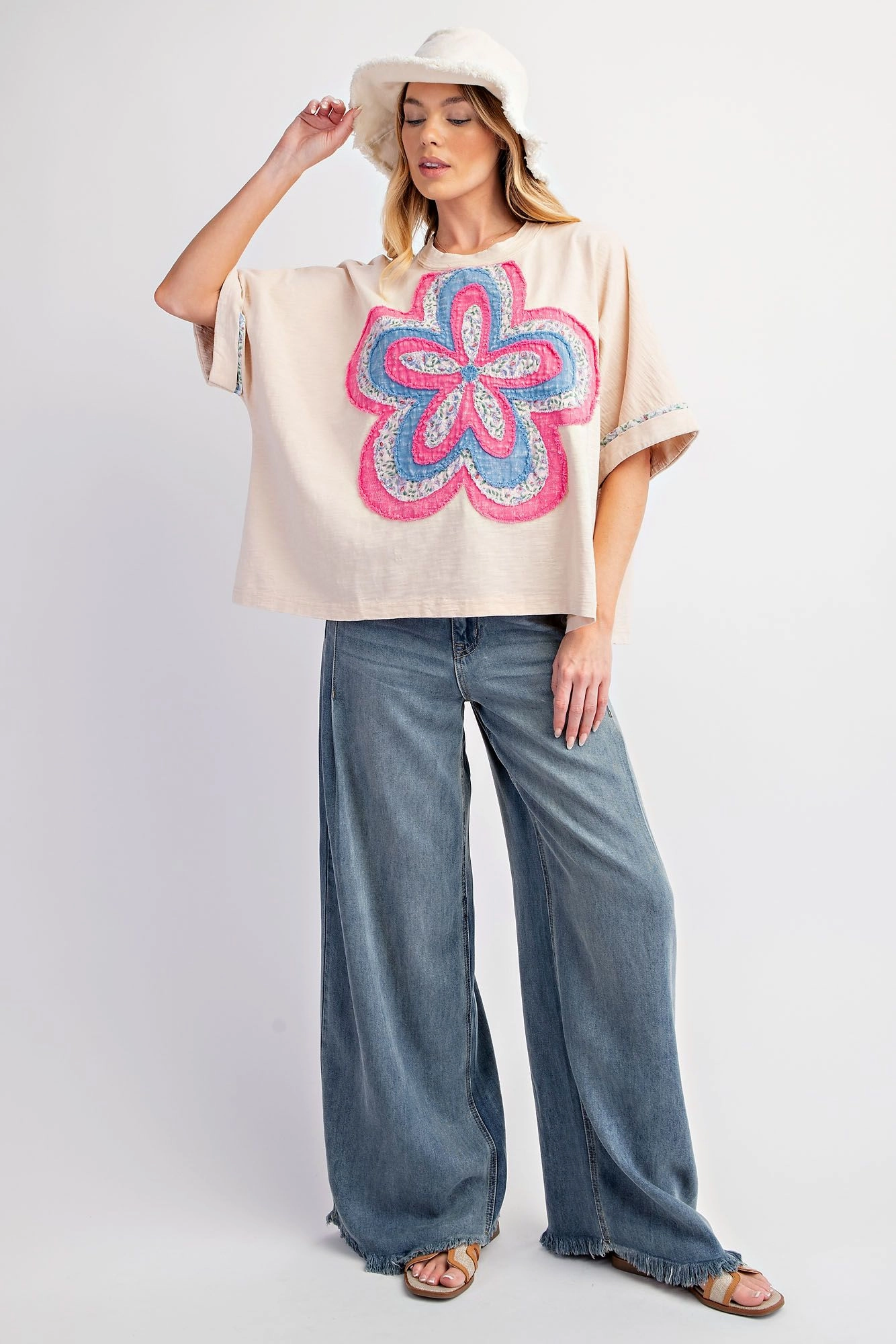 RibbedCuff Minimalist Aesthetic Cream Washed Cotton Top w/ Pink & Blue Flower Patch
