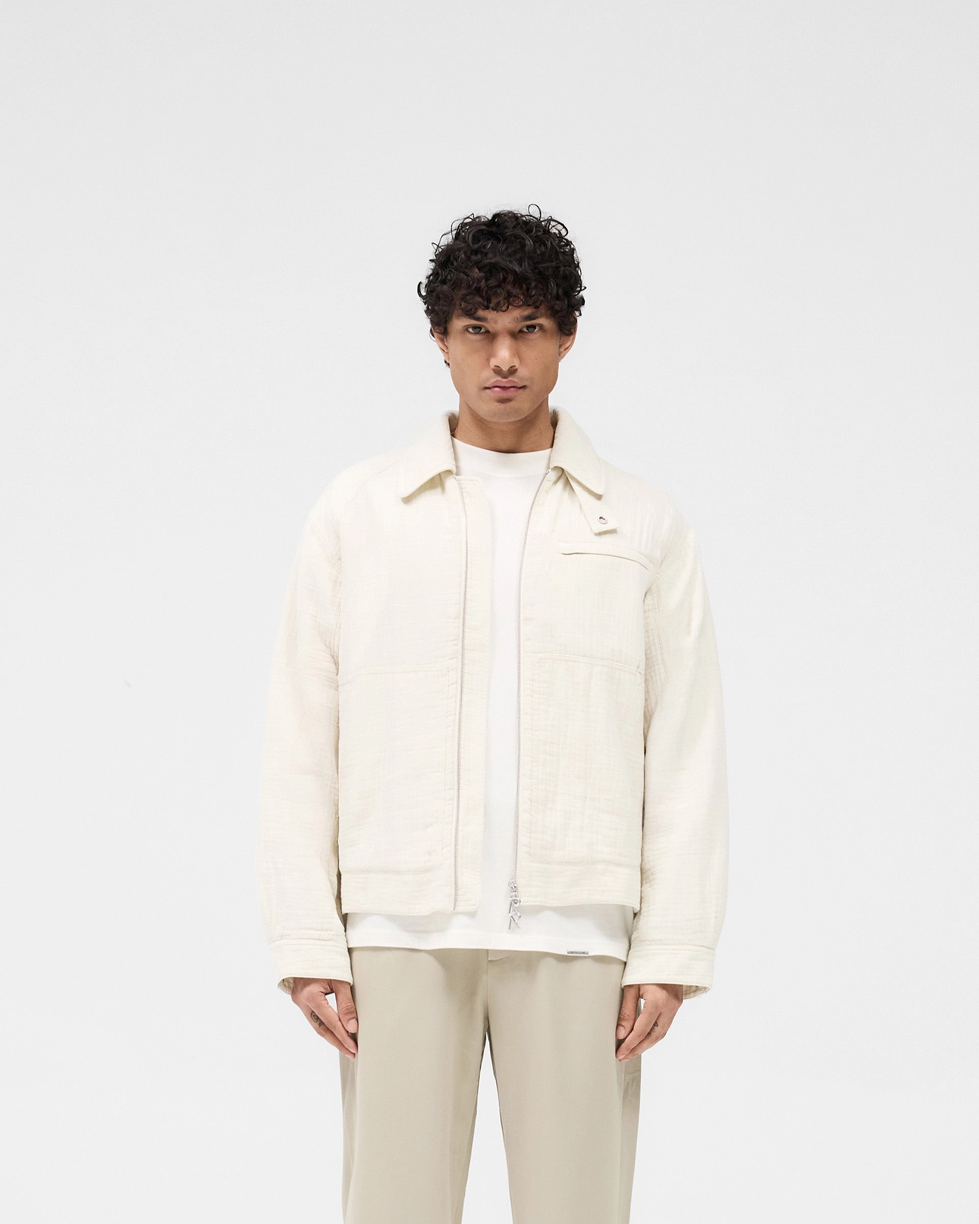 Crinkle Trucker Jacket - Ecru Light Reflective Logos Softshell Material