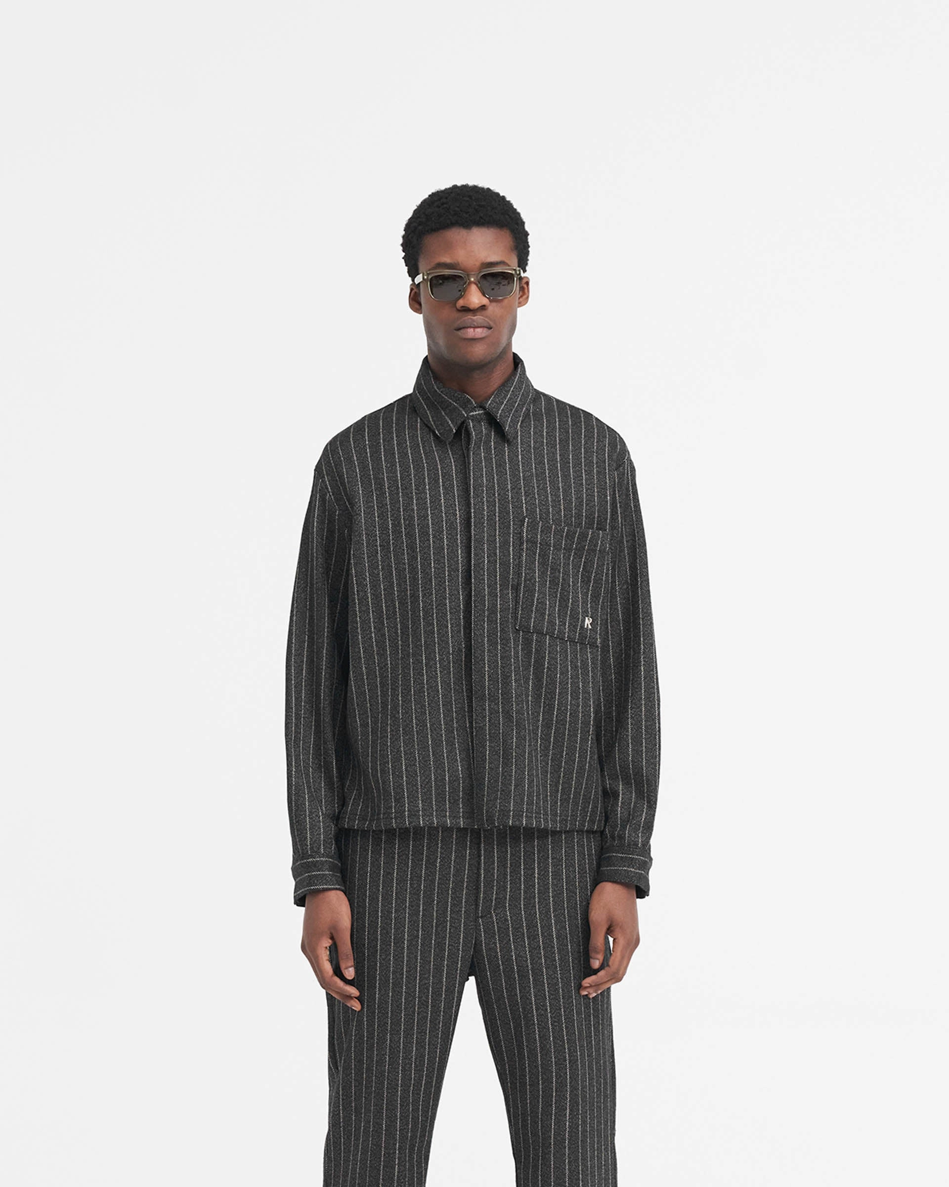 Checkered Look Cropped Dress Shirt - Black Pinstripe