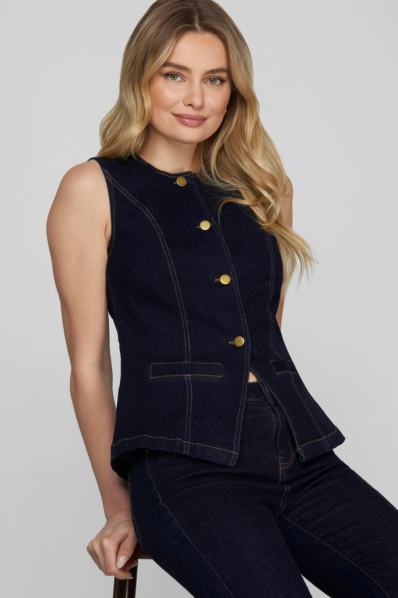 Dark Denim Blazer Vest FlexibleNeckline Eco Friendly Material