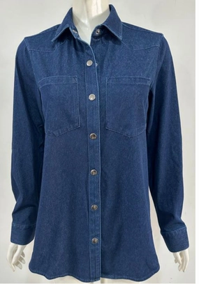 Denim Blue Knit Long Sleeve Women's Snap Up Shirt Tagless Neckline Design