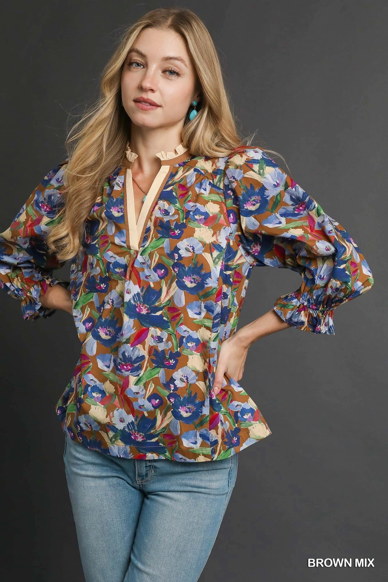 Denim Friendly Floral Print Top RaglanSleeve Wrinkle Resistant Finish