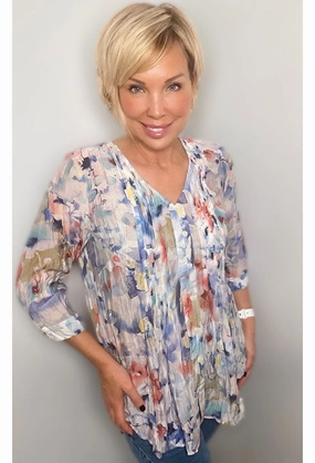 Denim Friendly Relaxed Fit Top by Ethyl Sheer Overlay Material