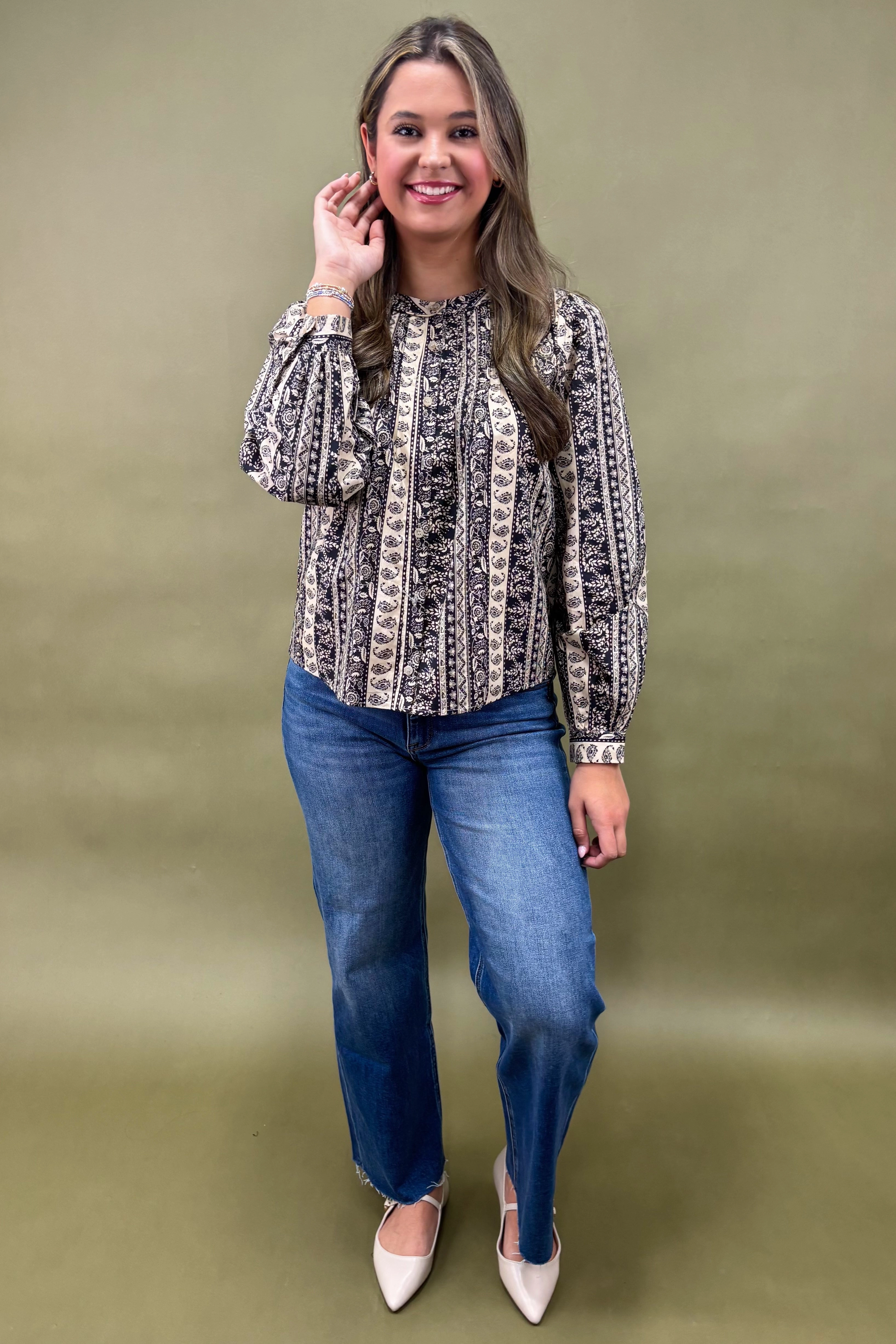 Artisan Stripe Button-Down Top Thermal Regulation Fabric Temperature Control Fabric