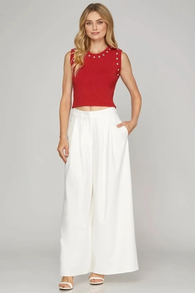 Stretchable Knit Red Stud Detail Sleeveless Sweater Top