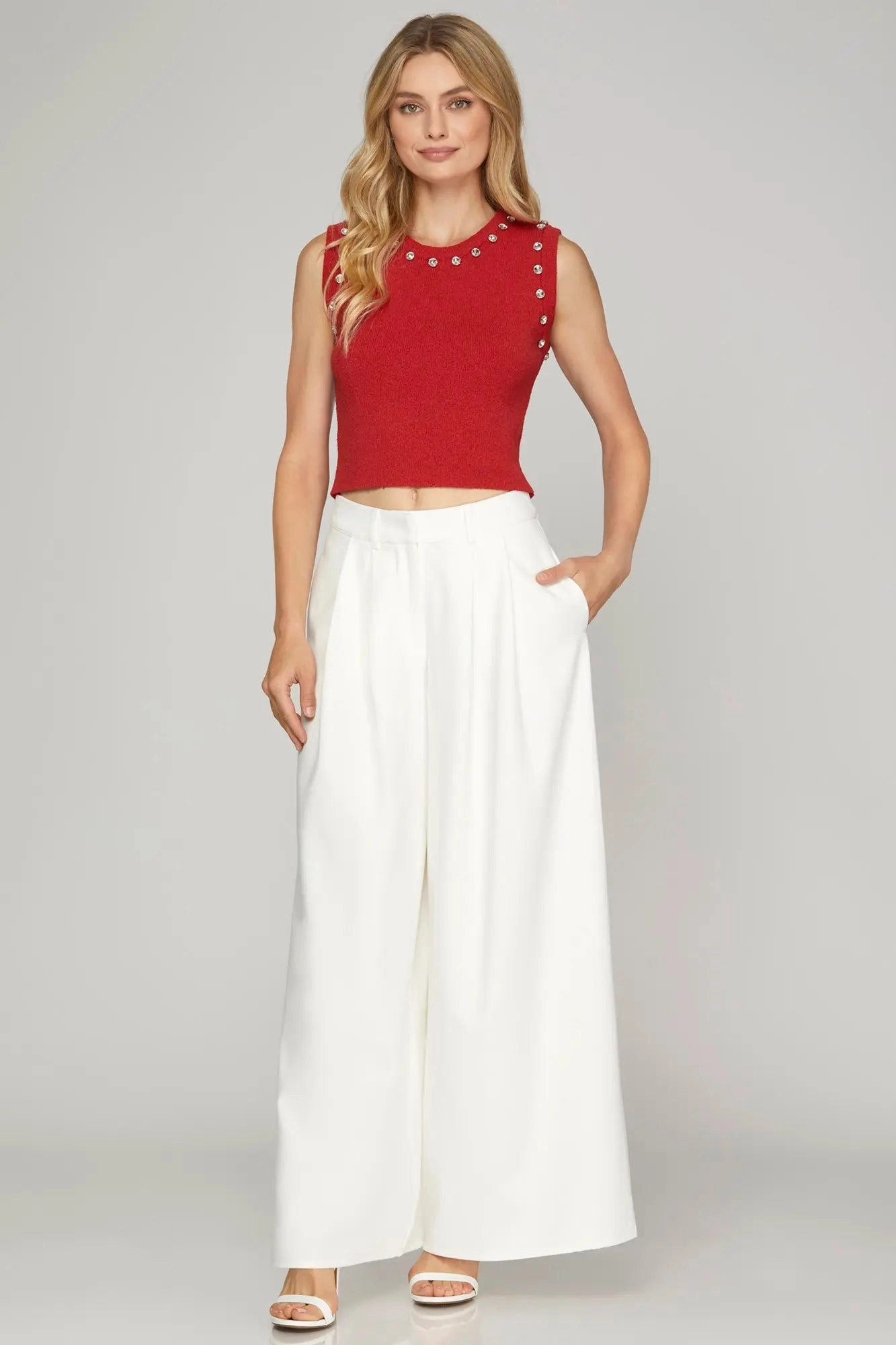 Stretchable Knit Red Stud Detail Sleeveless Sweater Top