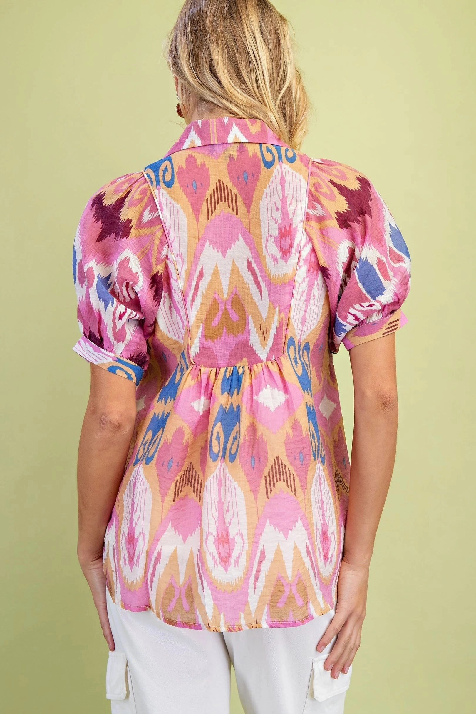 Berry Mix Smocked Yoke Ikat Top ThermalRegulating Fabric Non Closure Collar