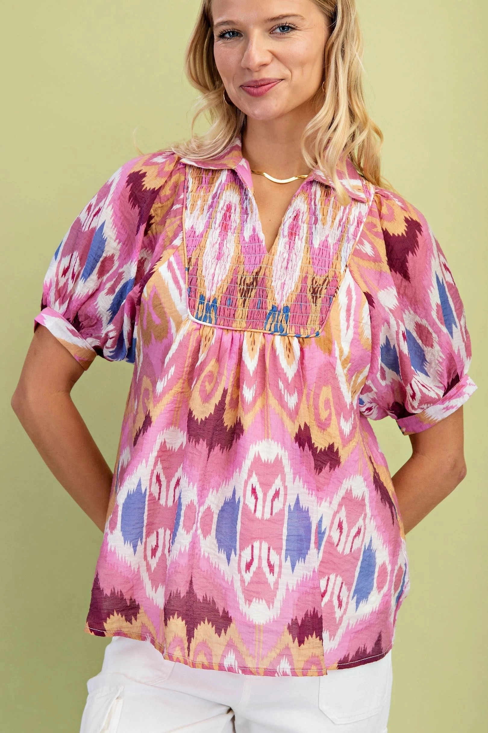 Berry Mix Smocked Yoke Ikat Top ClassicCrewNeck