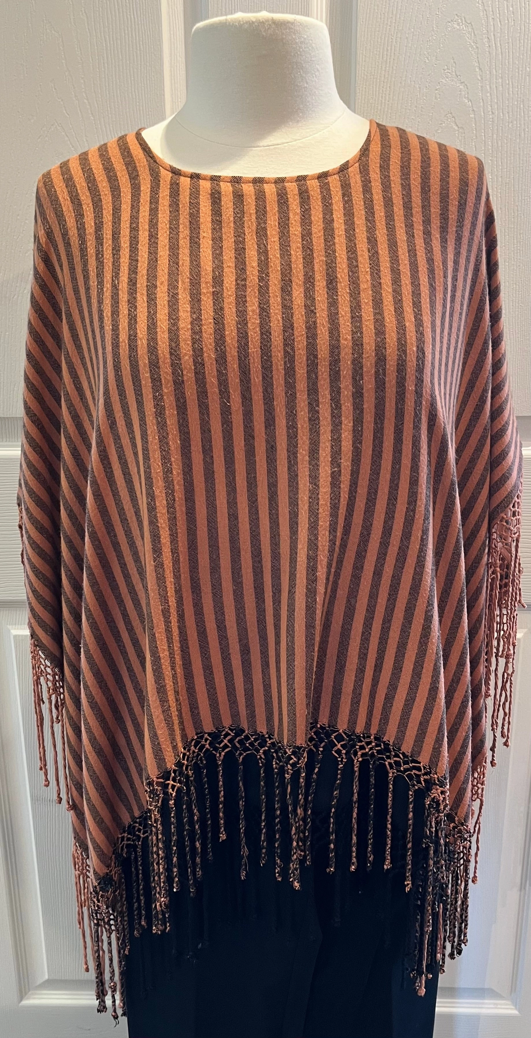 AdjustableCuffs Terra Cotta Striped Fringed Poncho