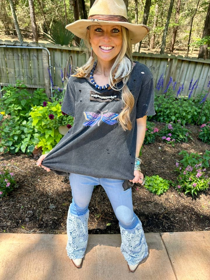 Dragonflies and Butterflies Black Tattered Tee Compression Fit Engineering StretchFit