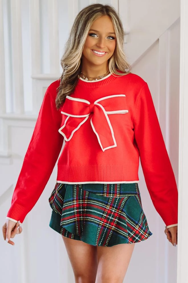 That Bow Thought Knit Sweater - Red and White HighNeckline