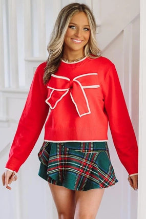 That Bow Thought Knit Sweater - Red and White HighNeckline