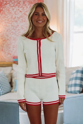 Easton Top - Ivory and Red V-neck Blouse Buttonless Closure