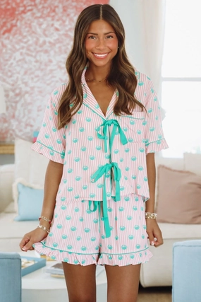 Layered Placket Design Athletic Look Crab Boil Short and Top Set - Pink and Green