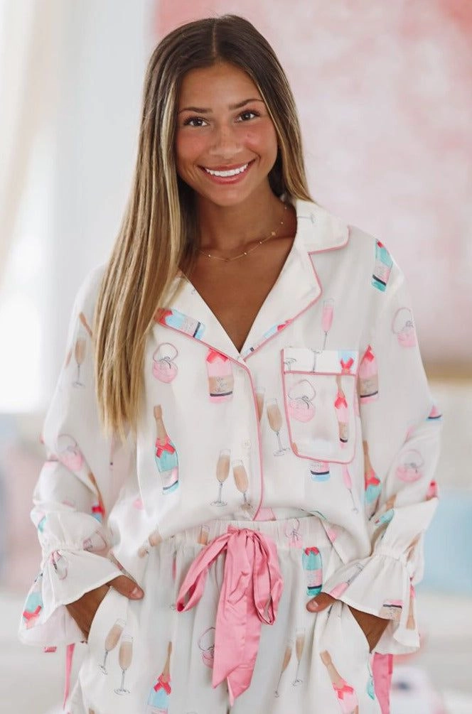 FadeResistantTechnology I Do Satin Pajama Top - Ivory and Pink