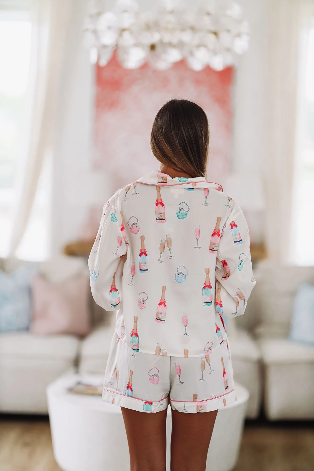 Drop Shoulder Silhouette I Do Satin Pajama Top - Ivory and Pink