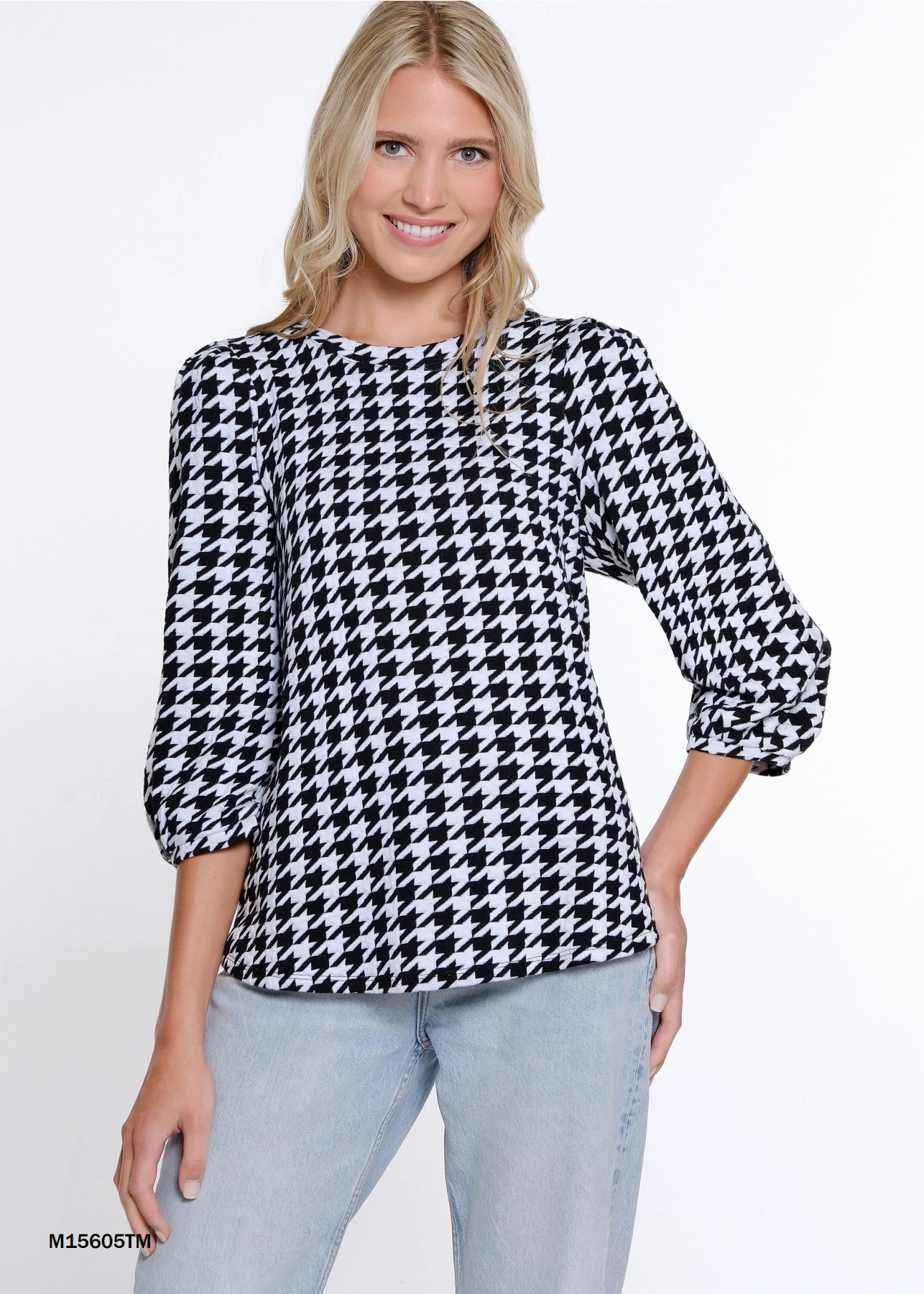 LowMaintenance Fabric Thermal Regulation Fabric Black & White Scoop Neck Top by Multiples