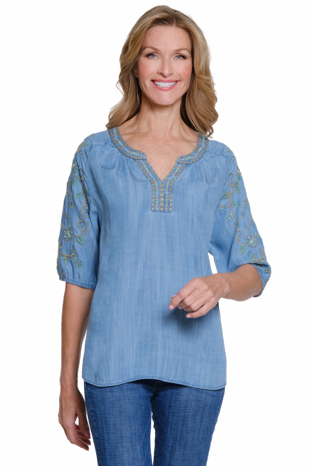 Embroidered Denim Top Noise Reducing Fabric Treatment