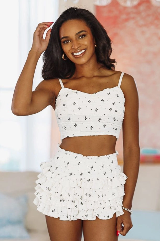 Endless Ribbons Cropped Top - Ivory  (FINAL SALE) Layered Sleeve Flexible Cuffs