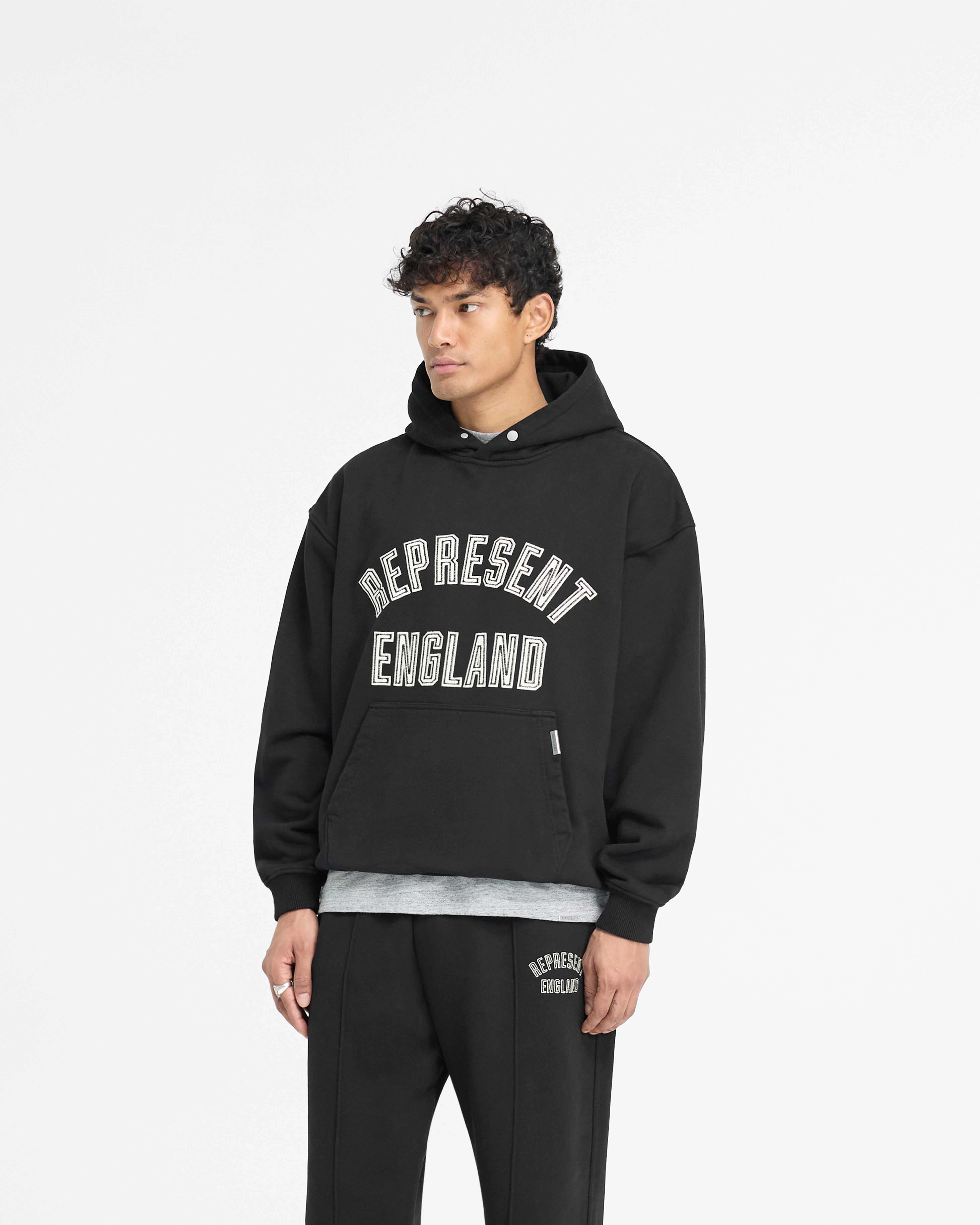 crew neck Lightweight Midlayer Option England Applique Hoodie - Jet Black