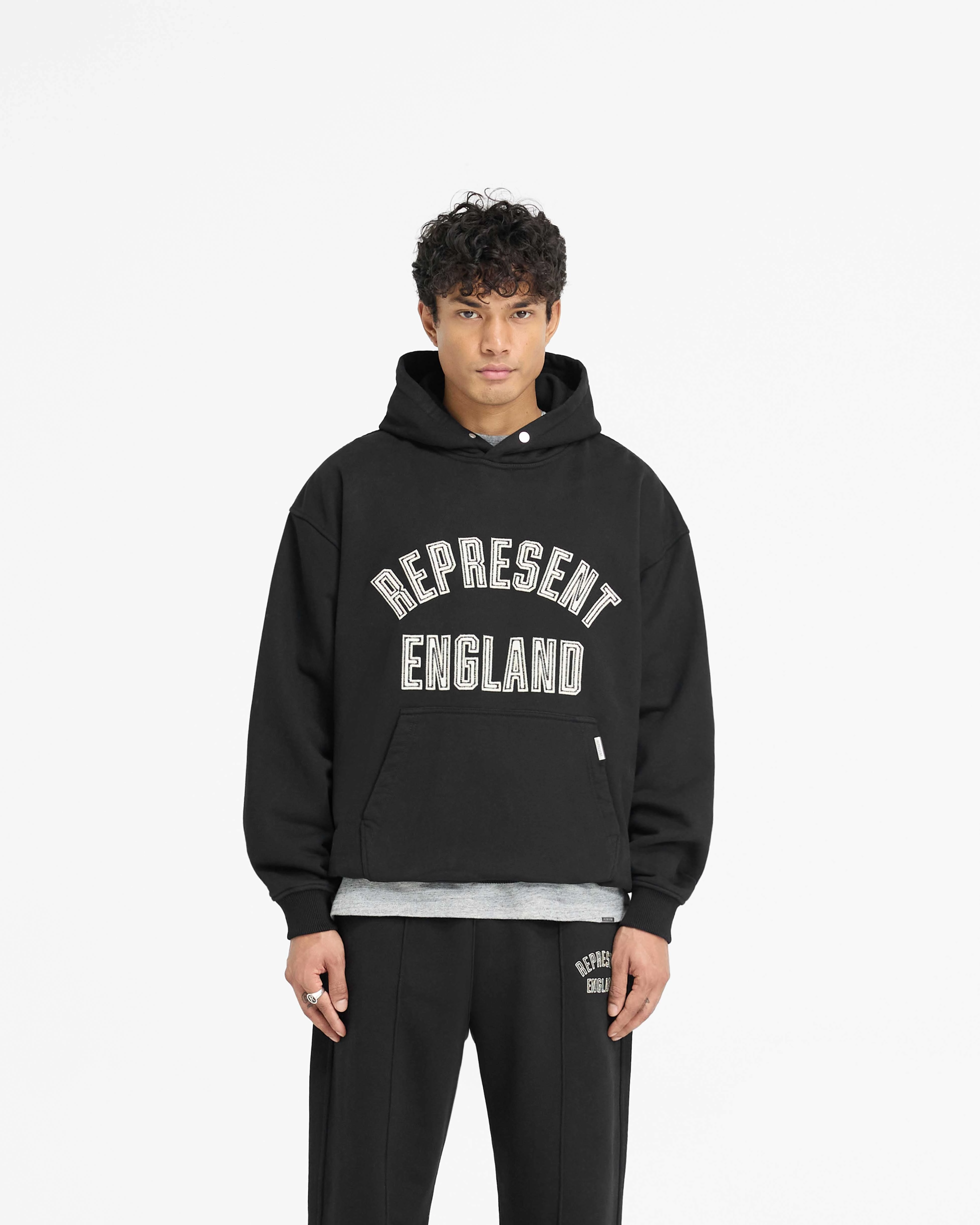 England Applique Hoodie - Jet Black thermal fabric Adjustable Hood