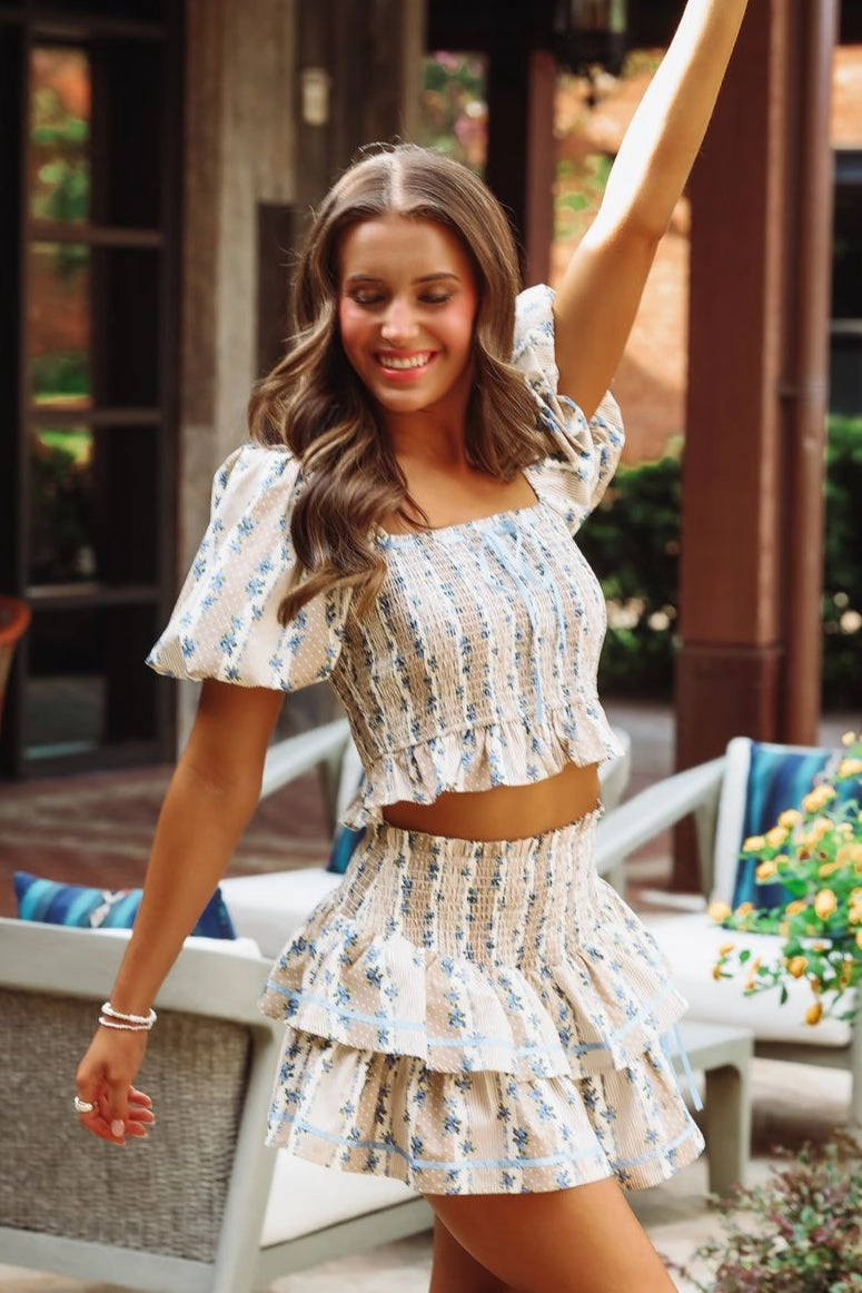 Dearest Ones Top - Taupe and Blue Minimalist Collar