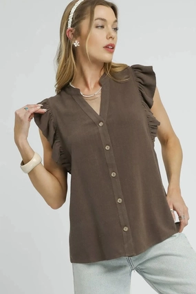 Athletic Wear Espresso Linen Ruffle Sleeve Button Down Top