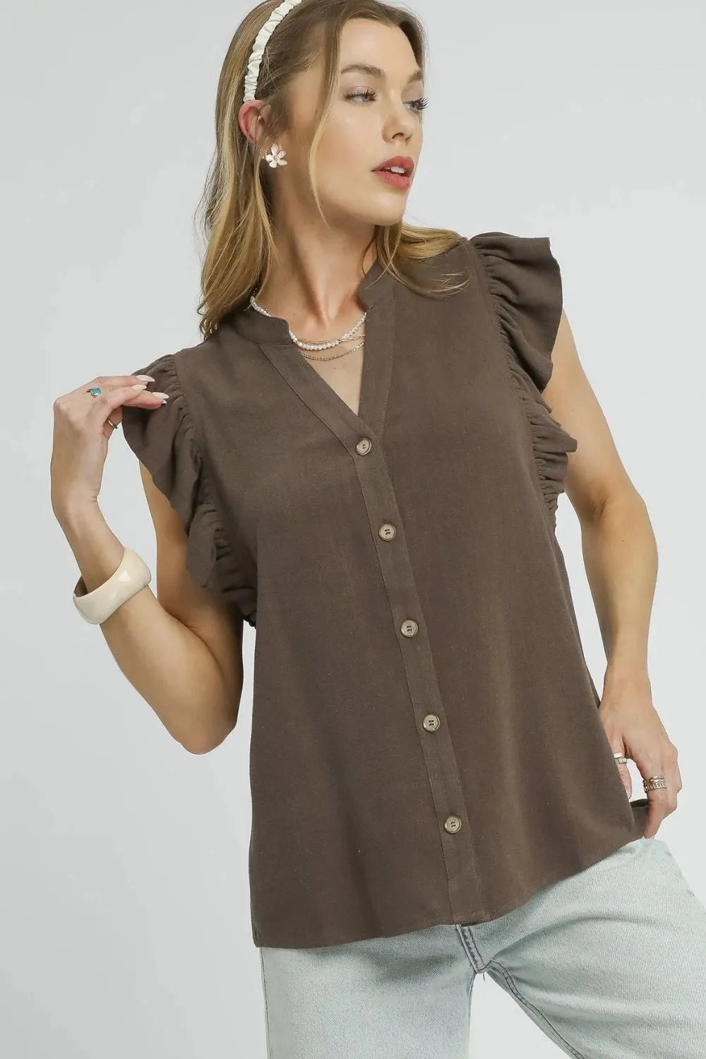 Athletic Wear Espresso Linen Ruffle Sleeve Button Down Top