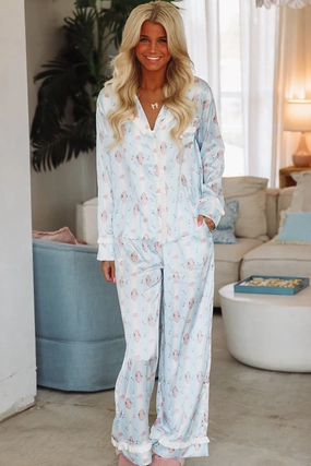 Dreaming of Bouquets Pajama Pant and Top Set - Blue Flatlock Seam LatticeKnit