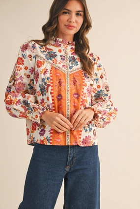 Fall Floral Ruffle Neck Blouse Sporty Top