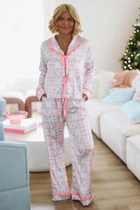 Rolled Hem Finish Layered Sleeve Fancy Me Pant and Top Pajama Set - Pink and Blue