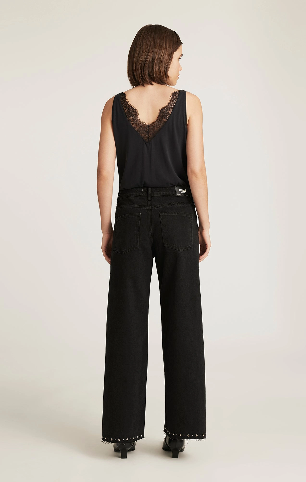 REBECCA WIDE LEG IN STUDDED SMOKE DENIM Sustainable Beach Day Neutral Outfit