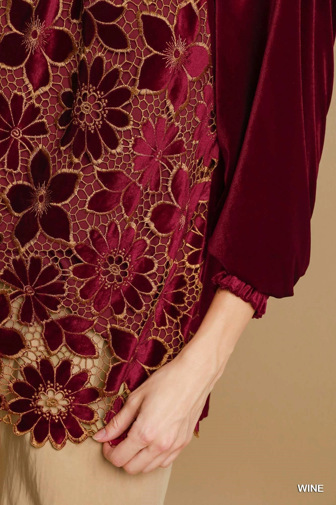 Burgundy Velvet Top w/ Floral Lace Front NonToxic Certification