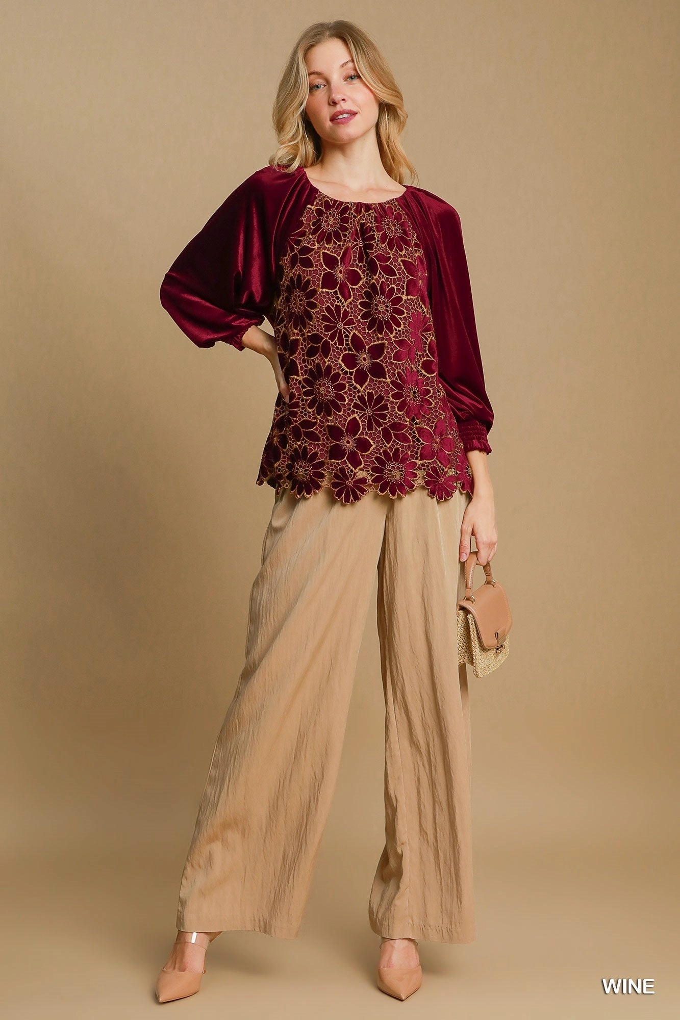 FlexibleRibbing Burgundy Velvet Top w/ Floral Lace Front