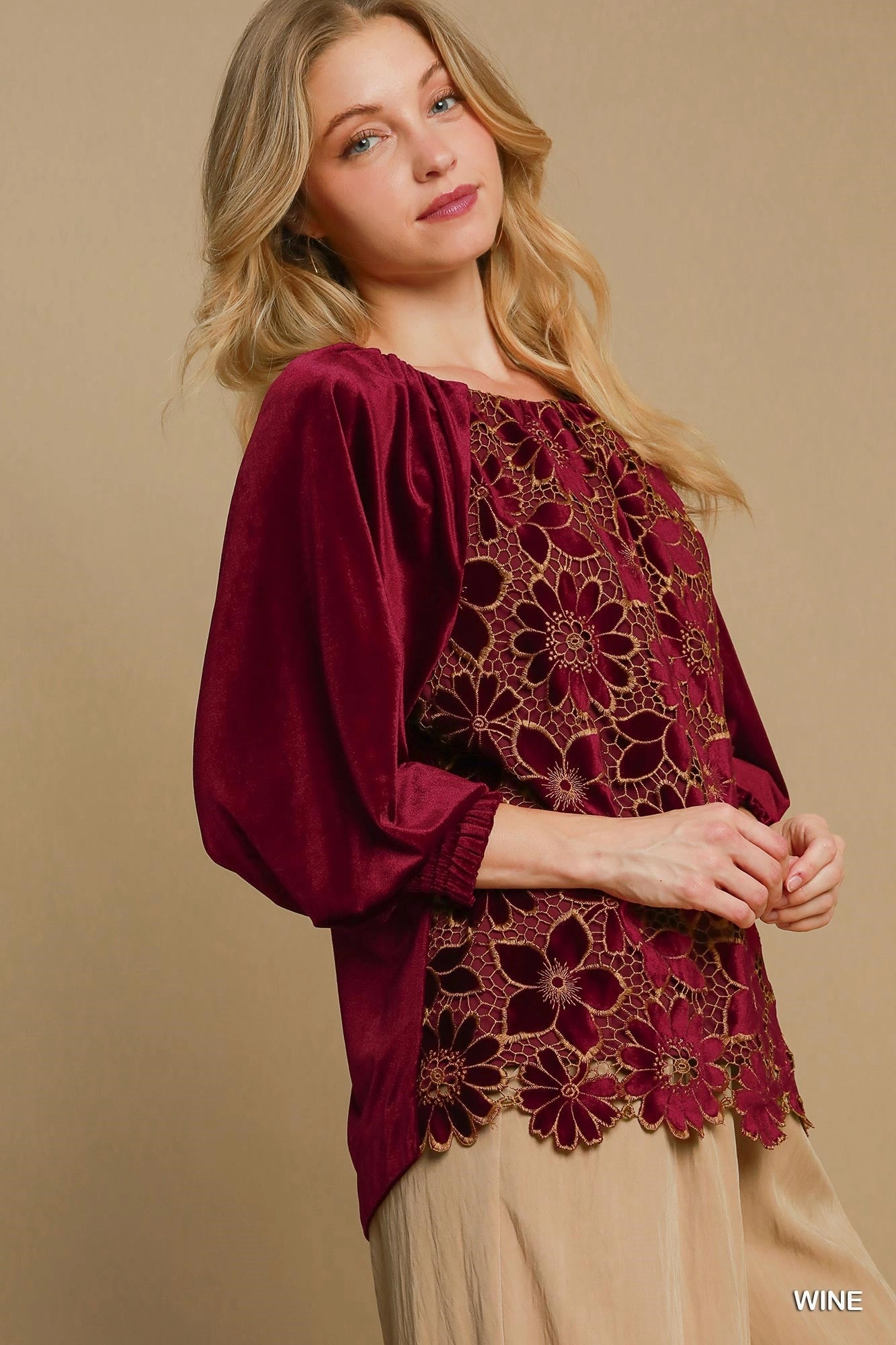 Burgundy Velvet Top w/ Floral Lace Front Street Style