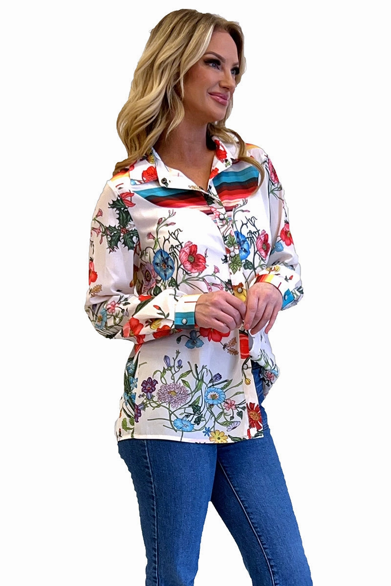 Fiesta Floral Long Sleeve Pearl Snap Top DoubleStitched Construction