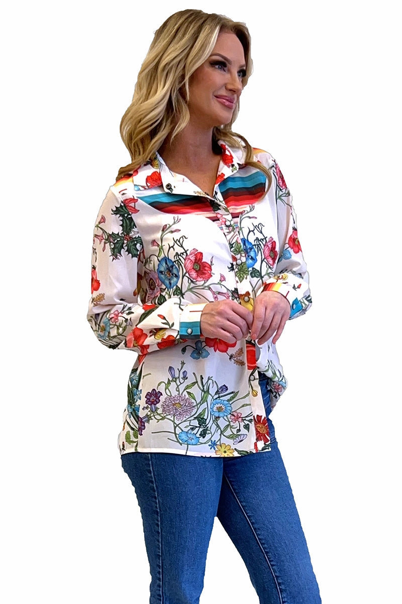 Moisture Wicking Material AntiStatic Treatment Fiesta Floral Long Sleeve Pearl Snap Top