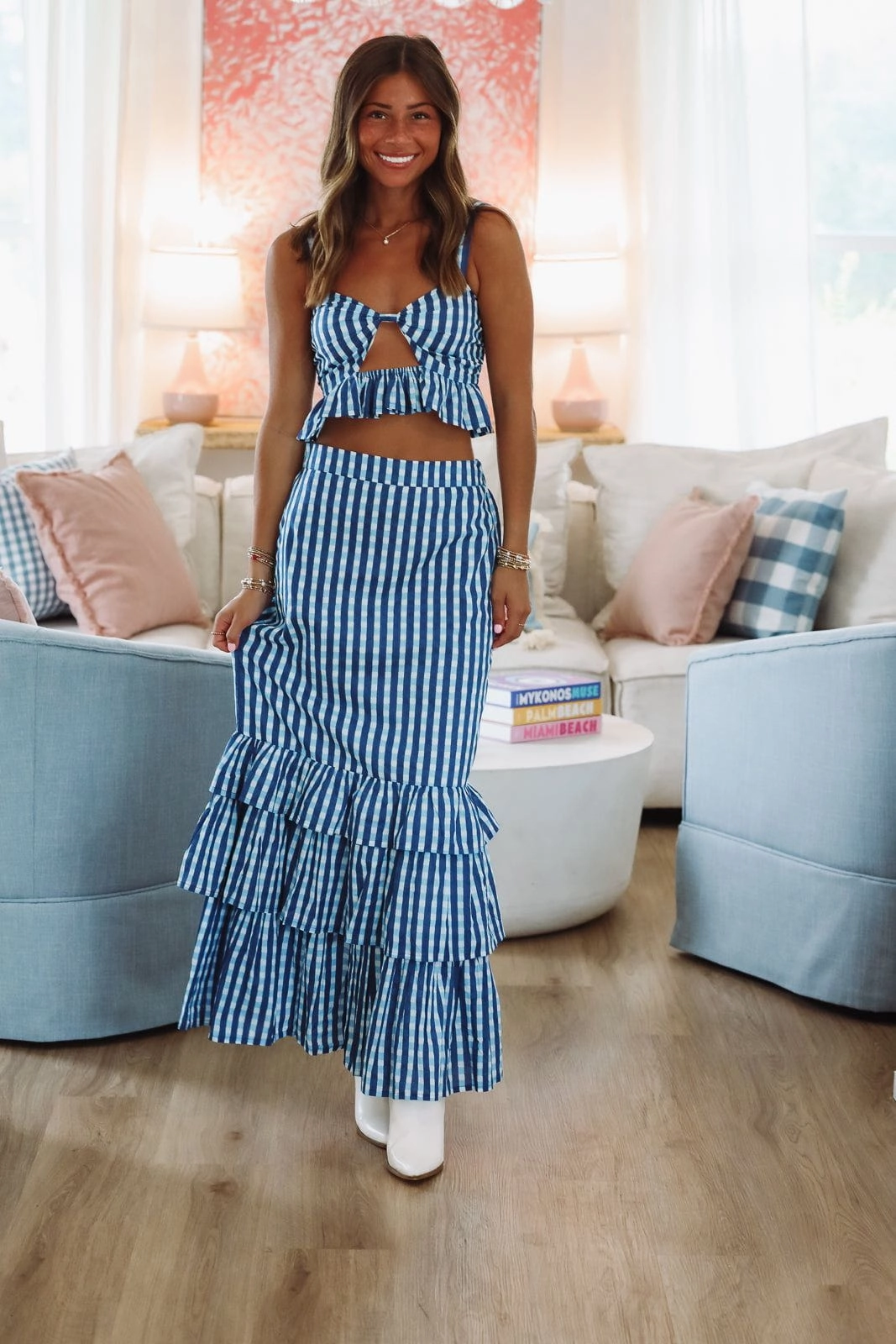 Final Play Top and Maxi Skirt Set - Blue and White Ribbed Neckline